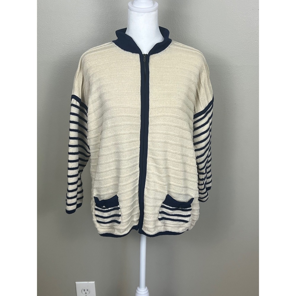 St. John Women XL Cream Navy Blue Striped Full Zip Knit Cardigan Sweater Pocket